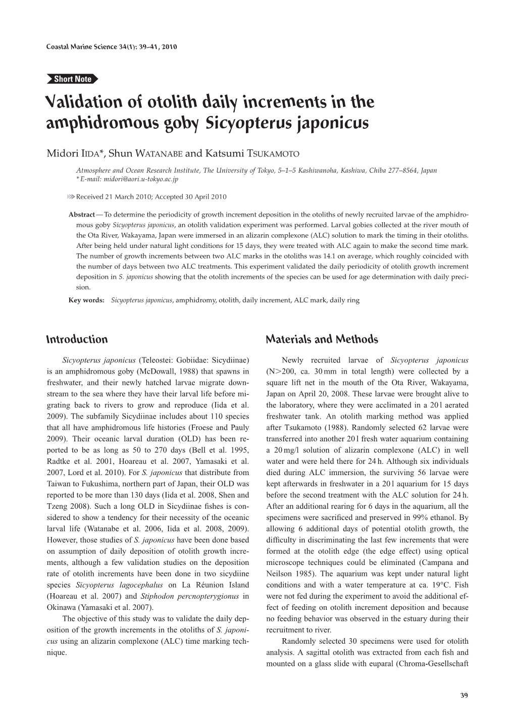 Validation of Otolith Daily Increments in the Amphidromous Goby Sicyopterus Japonicus