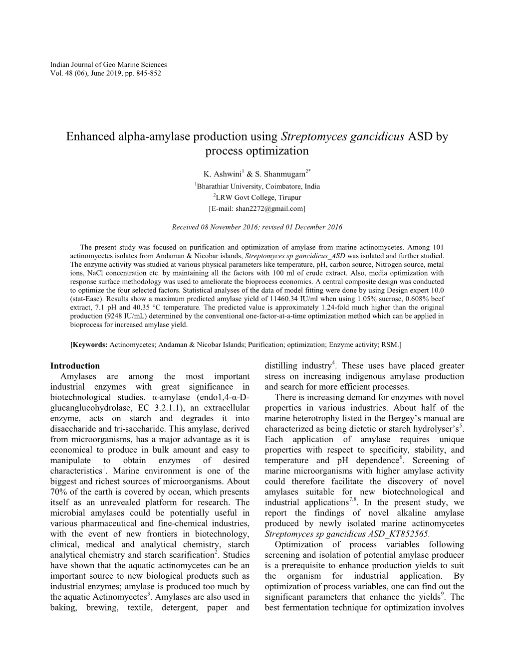 Enhanced Alpha-Amylase Production Using Streptomyces Gancidicus ASD by Process Optimization