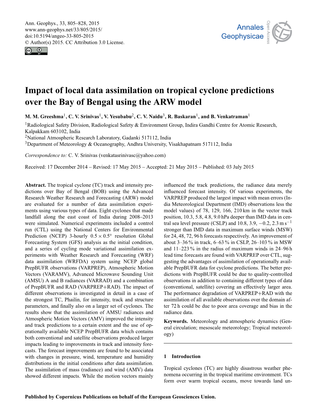 Impact of Local Data Assimilation on Tropical Cyclone Predictions Over the Bay of Bengal Using the ARW Model