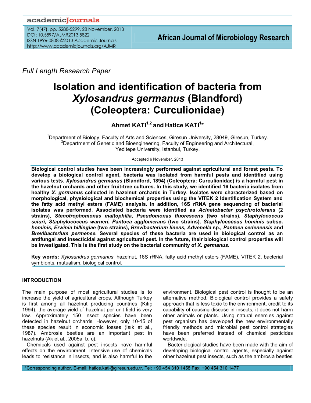 Isolation and Identification of Bacteria from Xylosandrus Germanus (Blandford)(Coleoptera: Curculionidae)