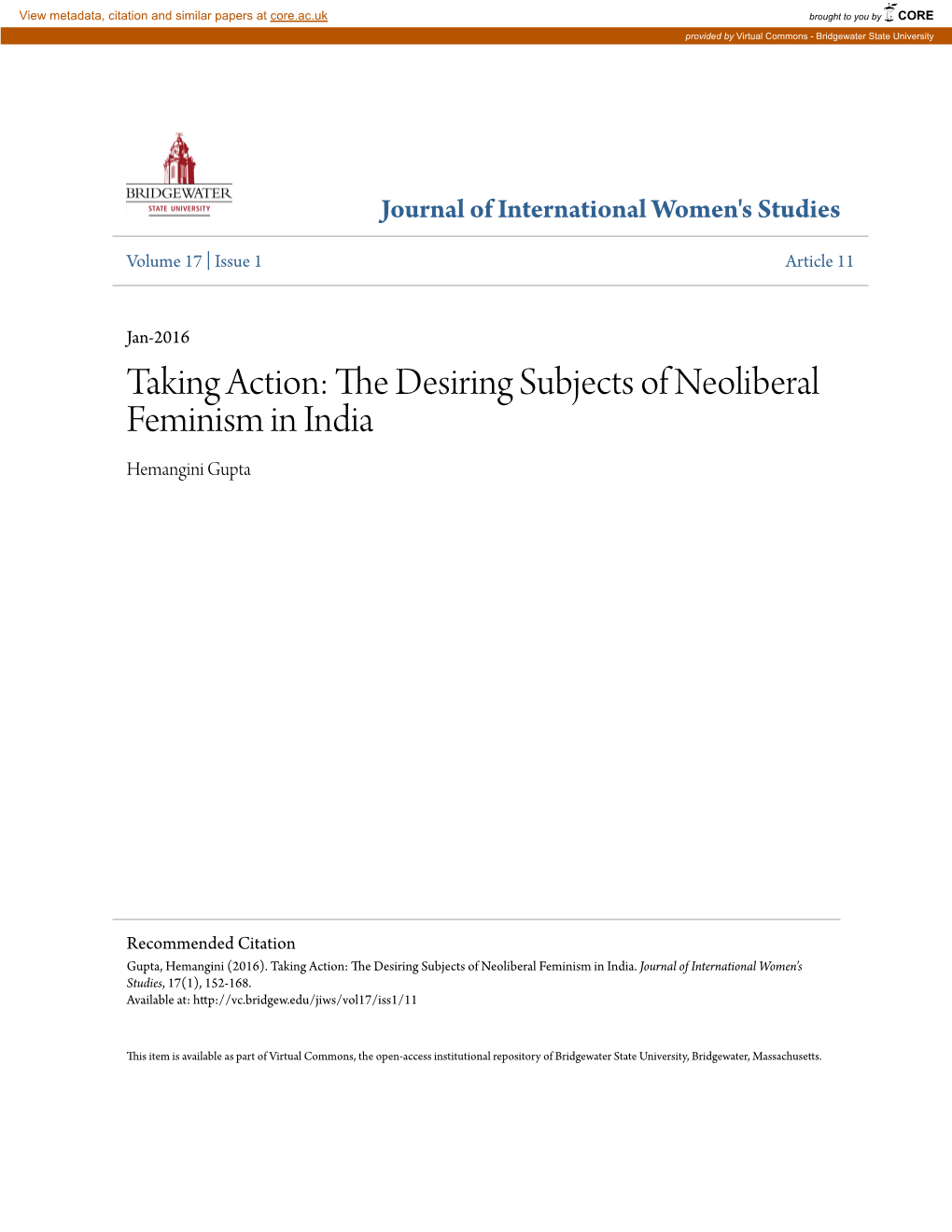 Taking Action: the Desiring Subjects of Neoliberal Feminism in India