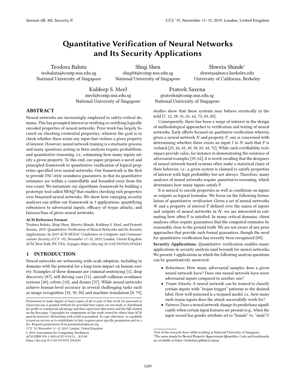 Quantitative Verification of Neural Networks and Its Security Applications