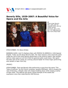 Beverly Sills, 1929-2007: a Beautiful Voice for Opera and the Arts