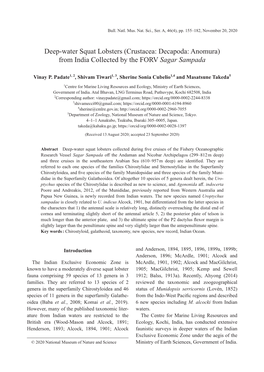 Deep-Water Squat Lobsters (Crustacea: Decapoda: Anomura) from India Collected by the FORV Sagar Sampada