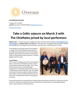 Take a Celtic Sojourn on March 3 with the Chieftains Joined by Local Performers