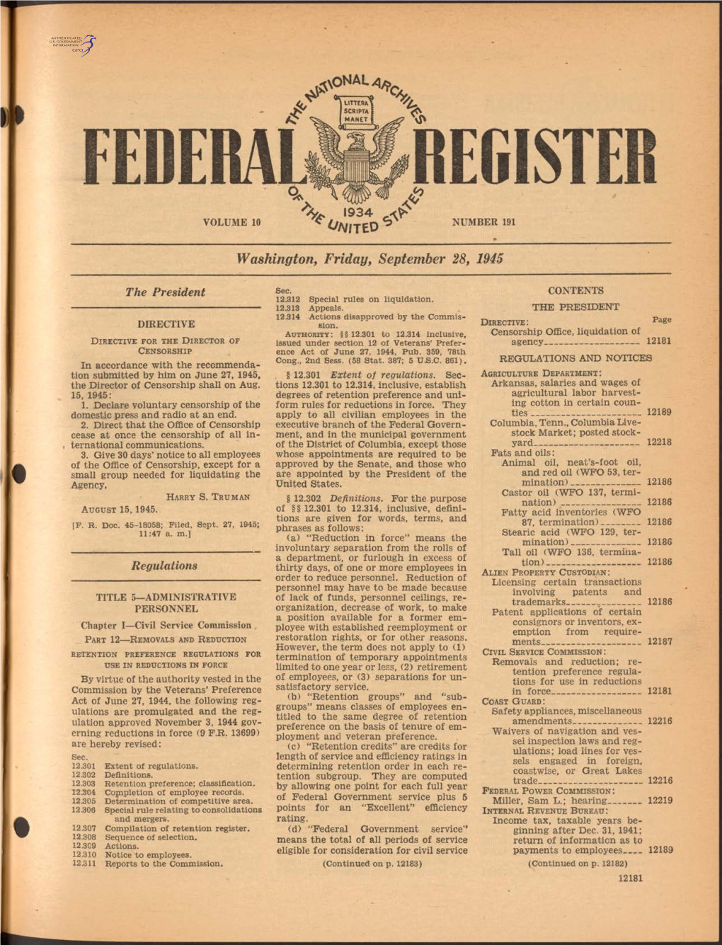 REGISTE '9 3 4 VOLUME 10 NUMBER 191 * O N N to ^ Washington, Friday, September 28, 1945
