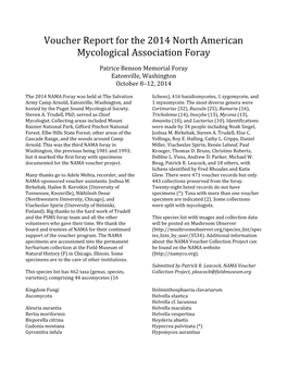 Voucher Report for the 2014 North American Mycological Association Foray