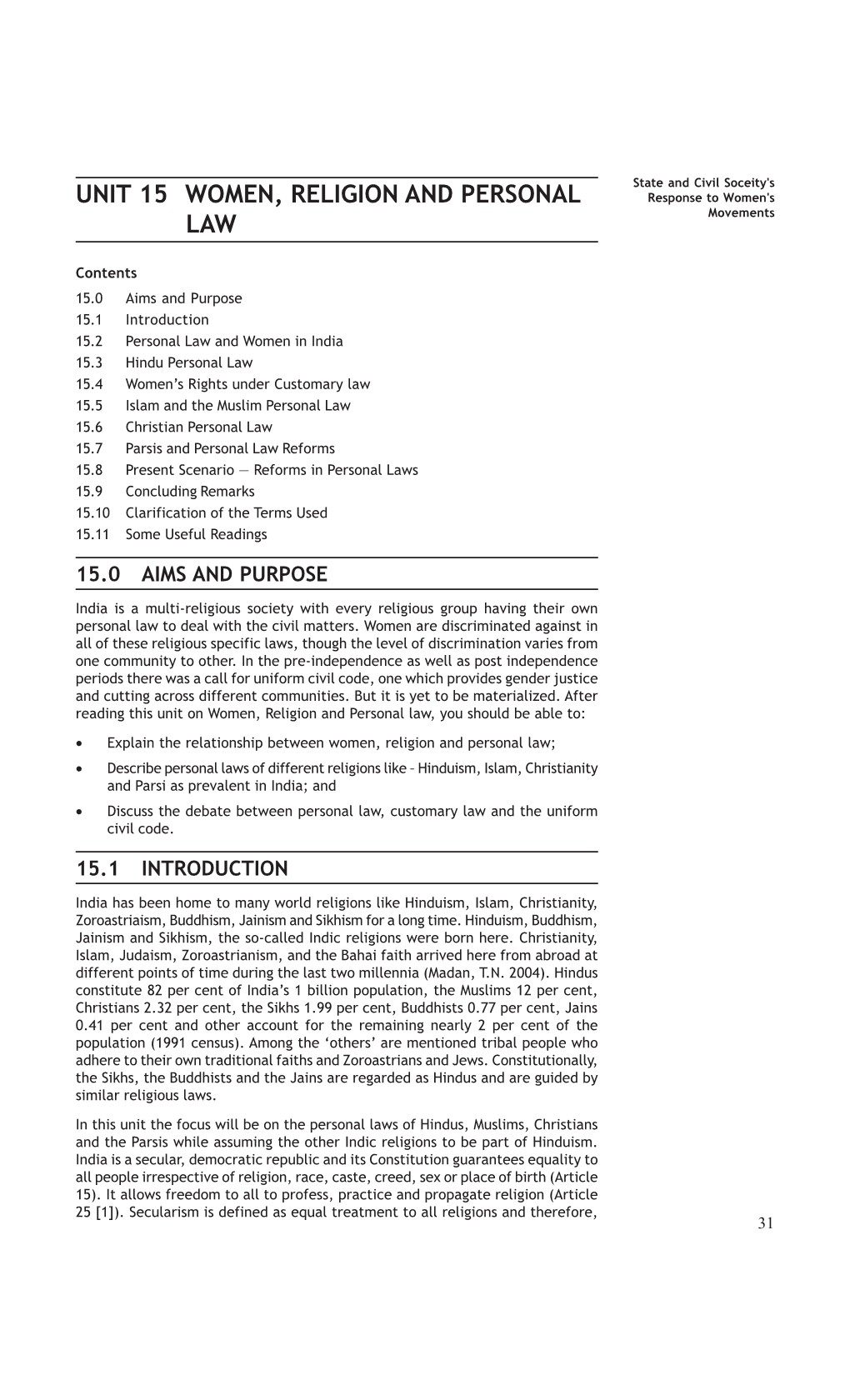 UNIT 15 WOMEN, RELIGION and PERSONAL Response to Women's LAW Movements