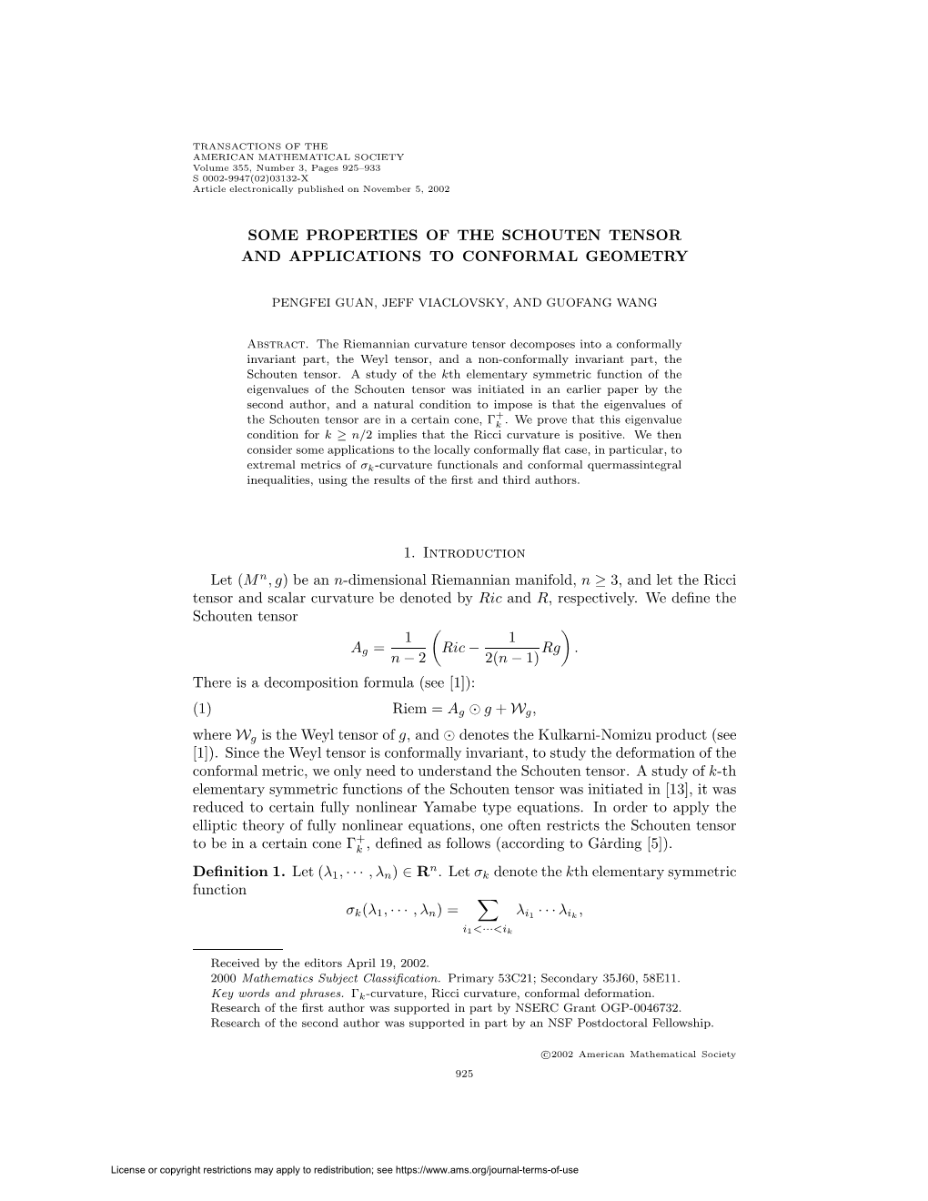 Some Properties of the Schouten Tensor and Applications to Conformal Geometry