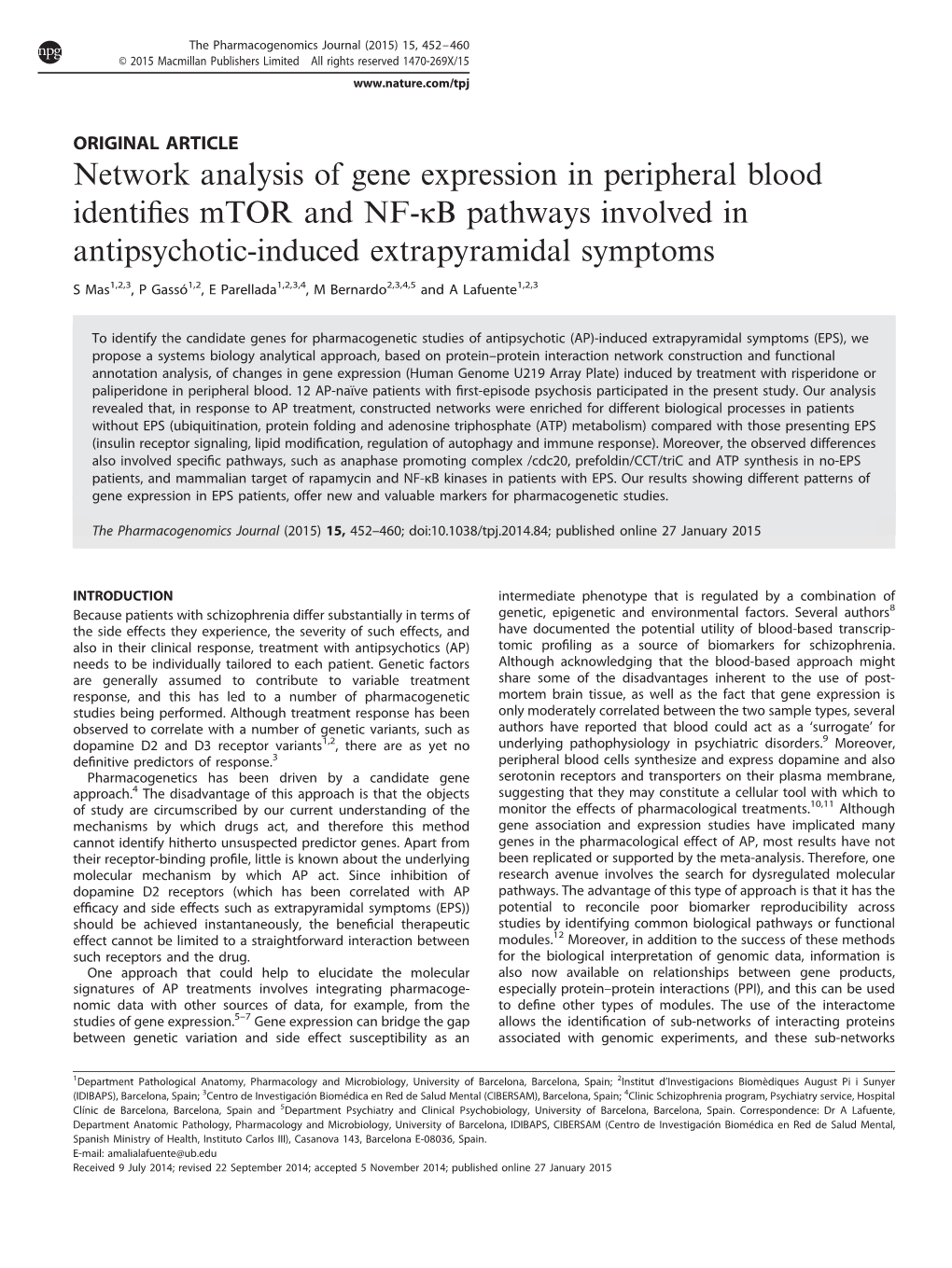 Network Analysis of Gene Expression in Peripheral Blood Identifies Mtor and NF-&Kappa