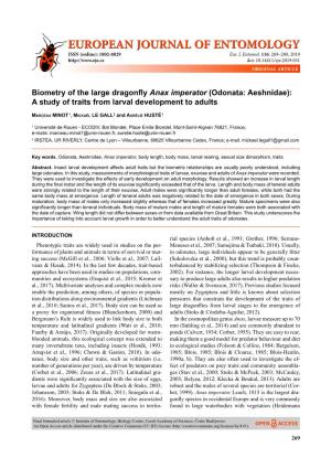 Odonata: Aeshnidae): a Study of Traits from Larval Development to Adults
