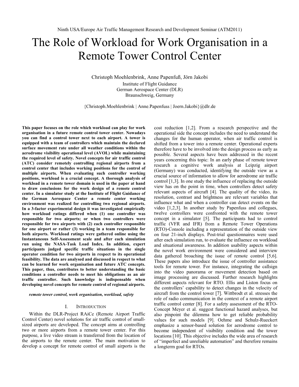 The Role of Workload for Work Organisation in a Remote Tower Control Center