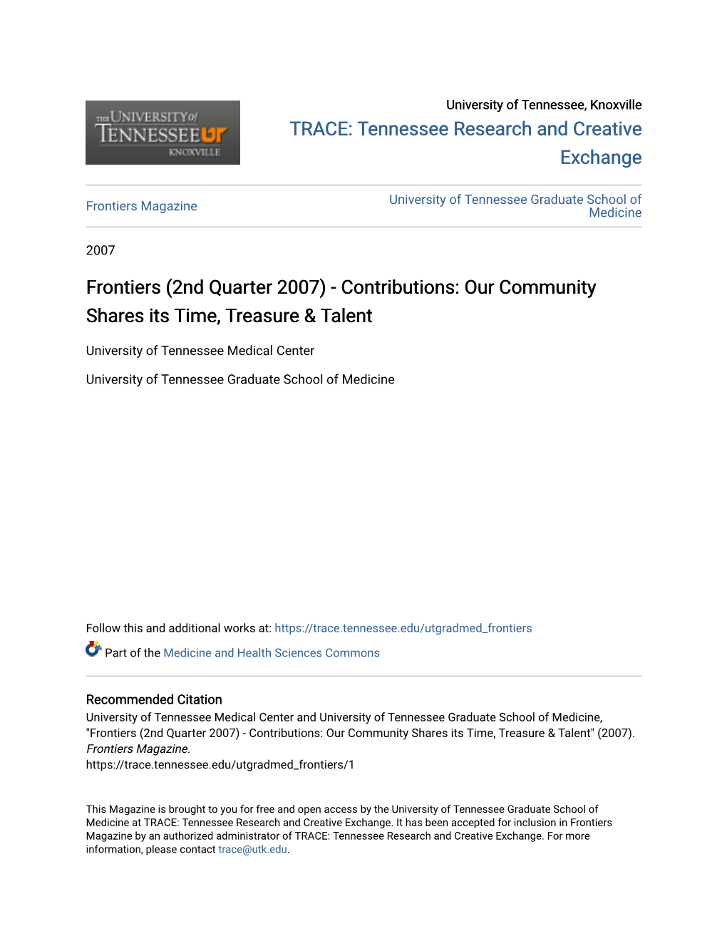 Frontiers (2Nd Quarter 2007) - Contributions: Our Community Shares Its Time, Treasure & Talent