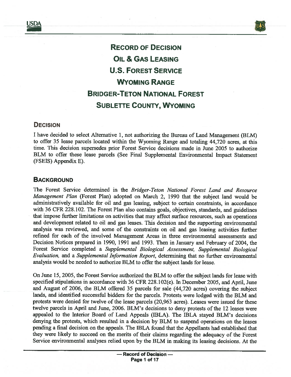Record of Decision Oil & Gas Leasing U.S. Forest Service