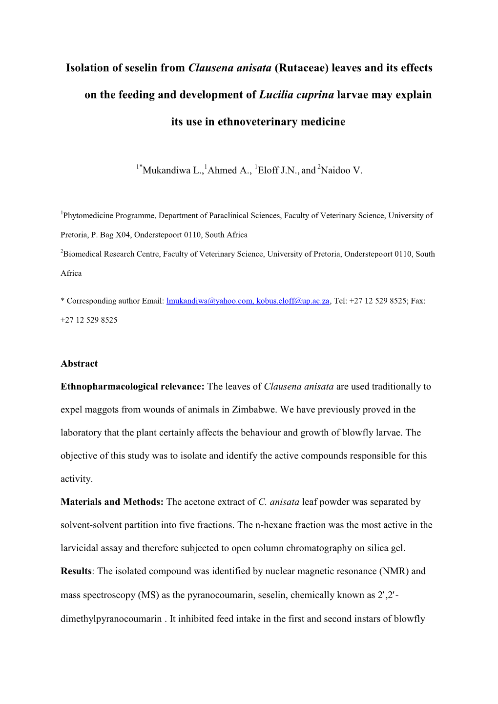 Isolation of Seselin from Clausena Anisata (Rutaceae) Leaves and Its Effects