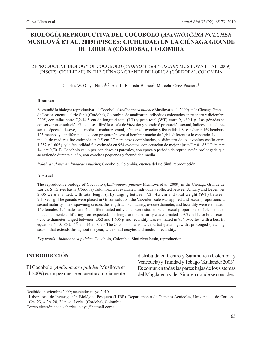 Biología Reproductiva Del Cocobolo (Andinoacara Pulcher Musilová Et Al