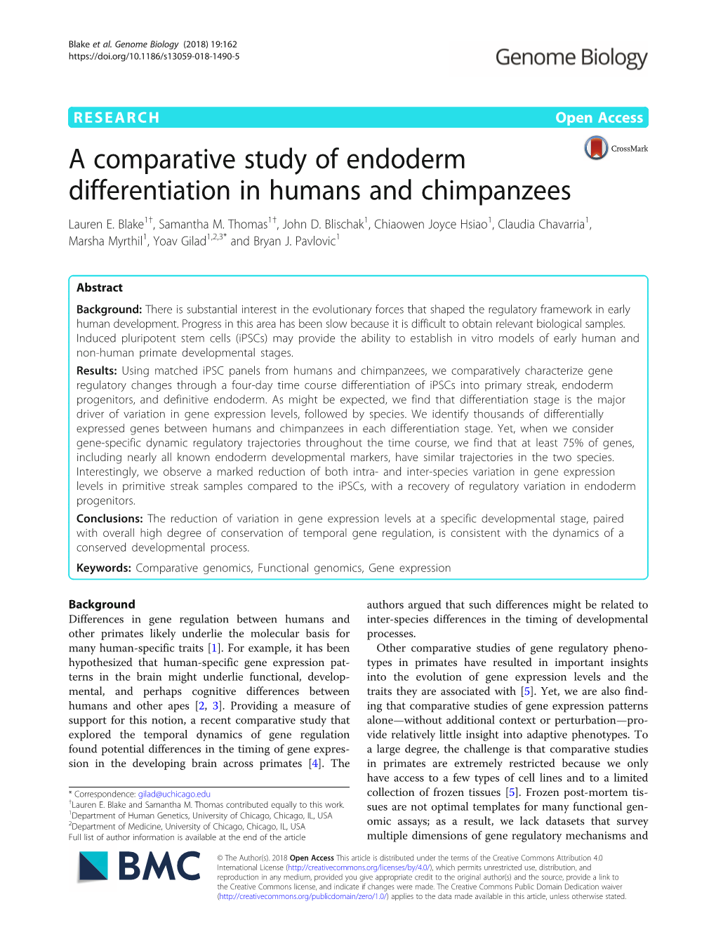 A Comparative Study of Endoderm Differentiation in Humans and Chimpanzees Lauren E