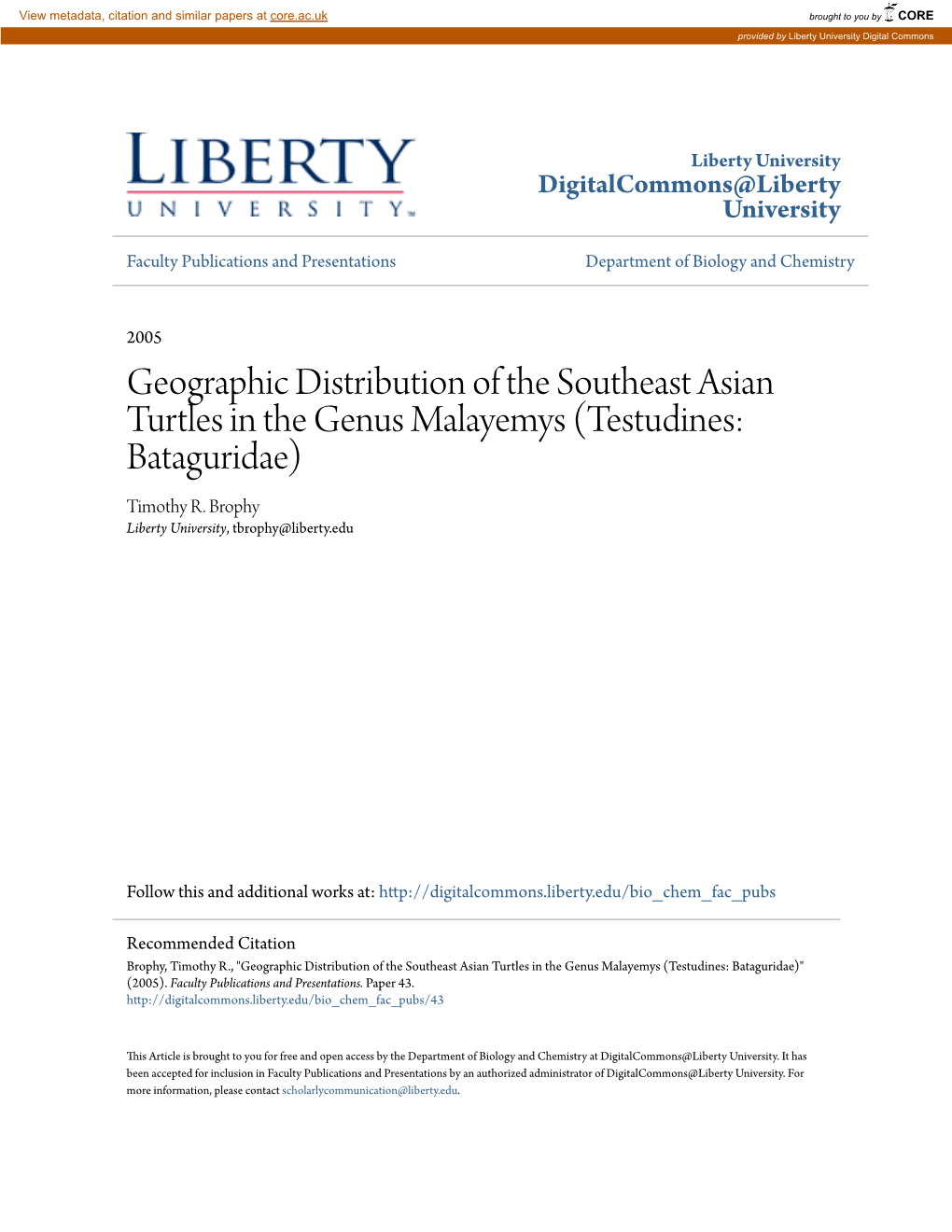 Geographic Distribution of the Southeast Asian Turtles in the Genus Malayemys (Testudines: Bataguridae) Timothy R