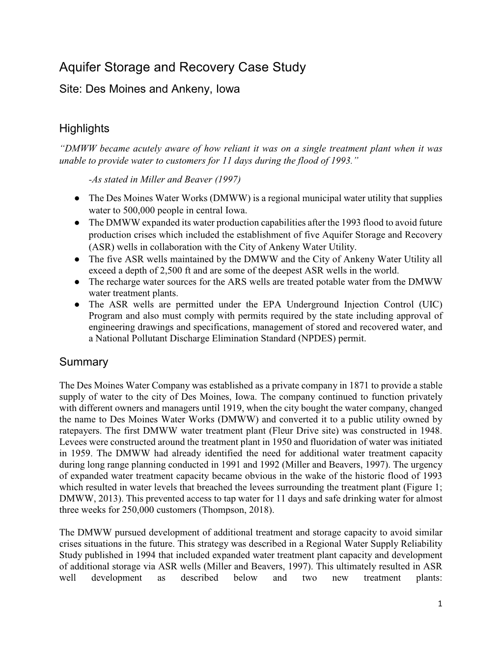 Aquifer Storage and Recovery Case Study Site: Des Moines and Ankeny, Iowa