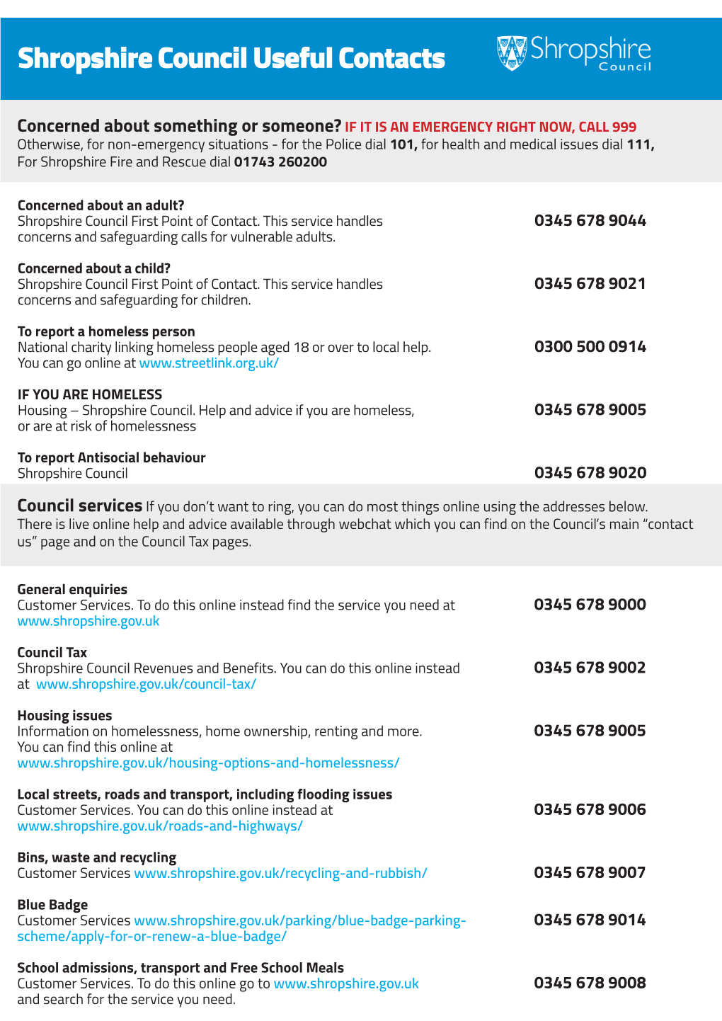 Shropshire Council Useful Contacts