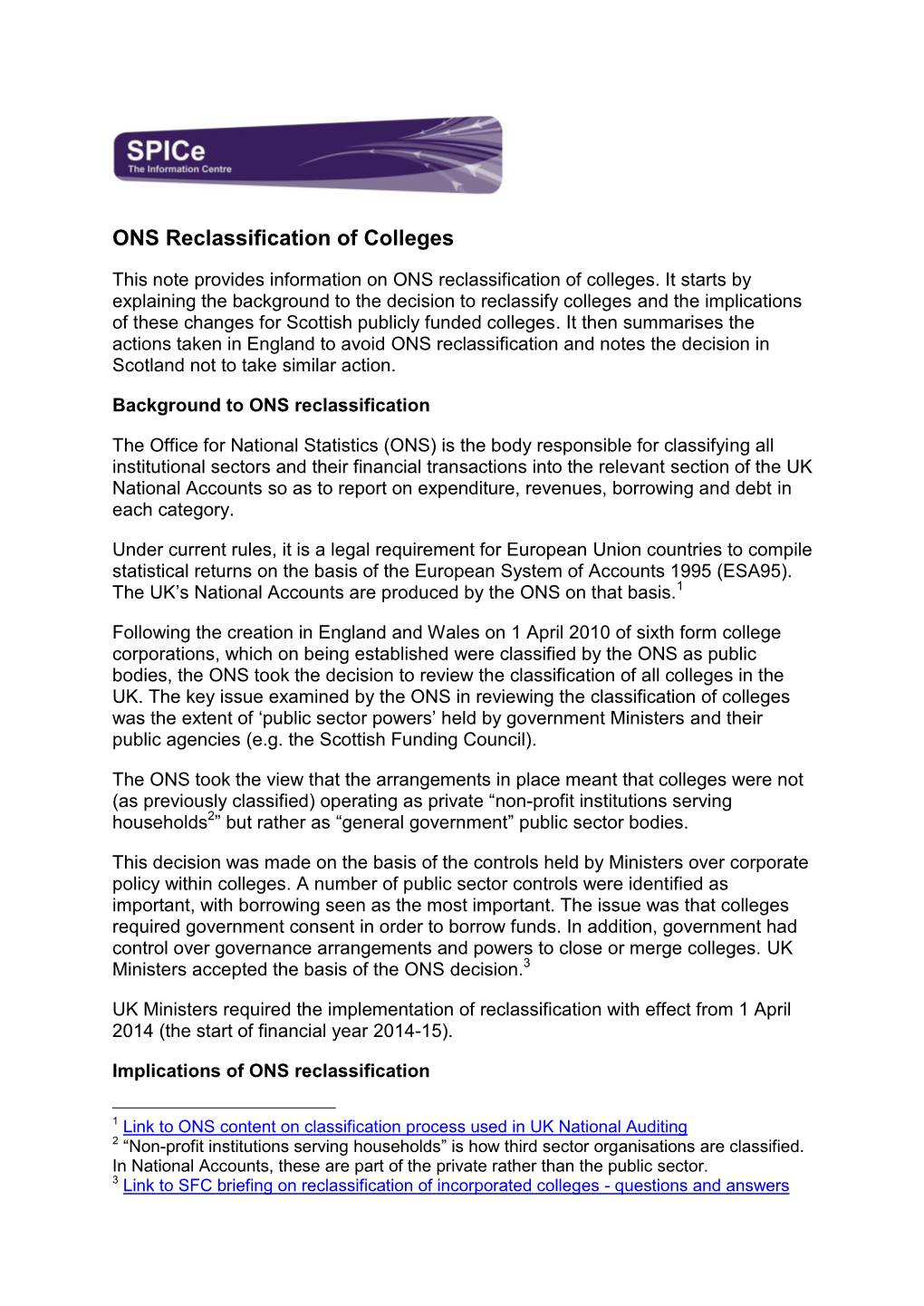 ONS Reclassification of Colleges