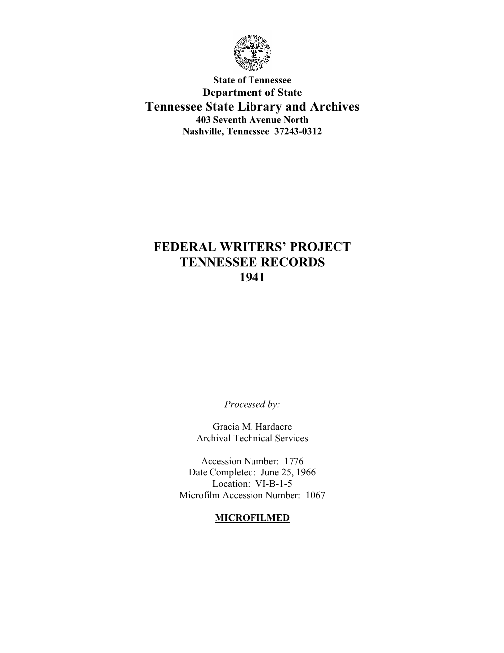 Federal Writers' Project Tennessee Records 1941