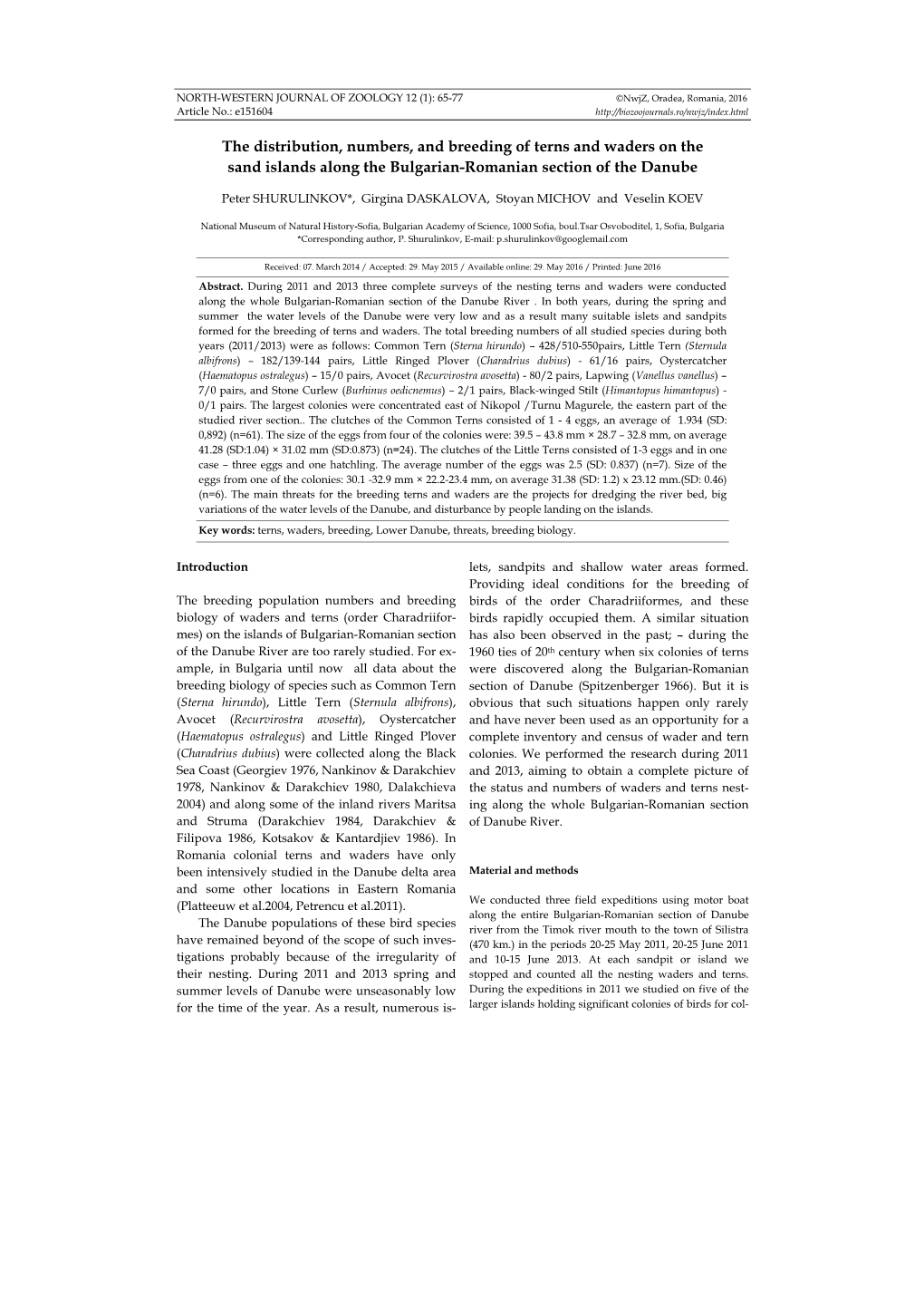 Distribution, Numbers and Breeding of Terns and Waders on the Sand Islands Along the Bulgarian-Romanian Section of the Danube