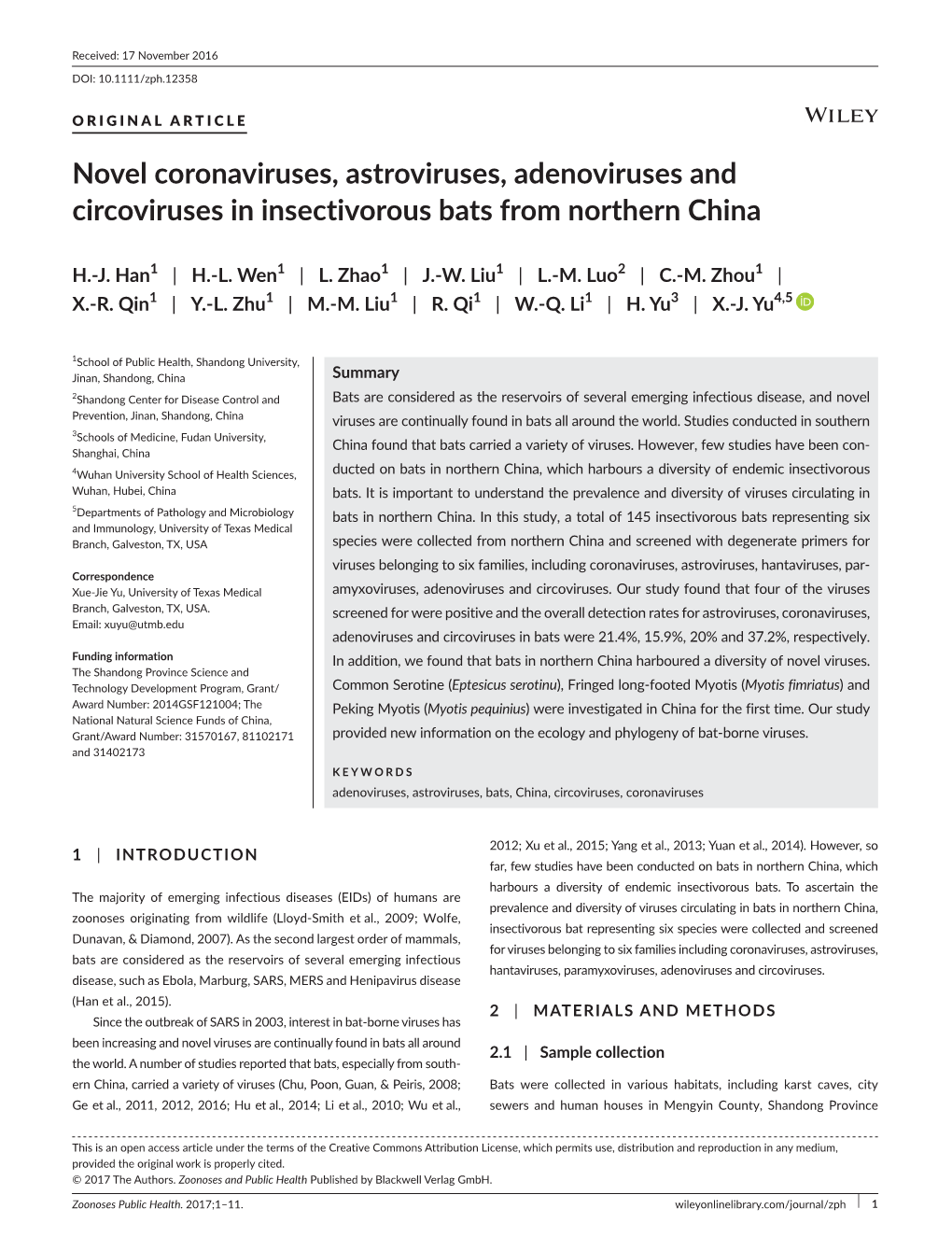 Novel Coronaviruses, Astroviruses, Adenoviruses and Circoviruses in Insectivorous Bats from Northern China
