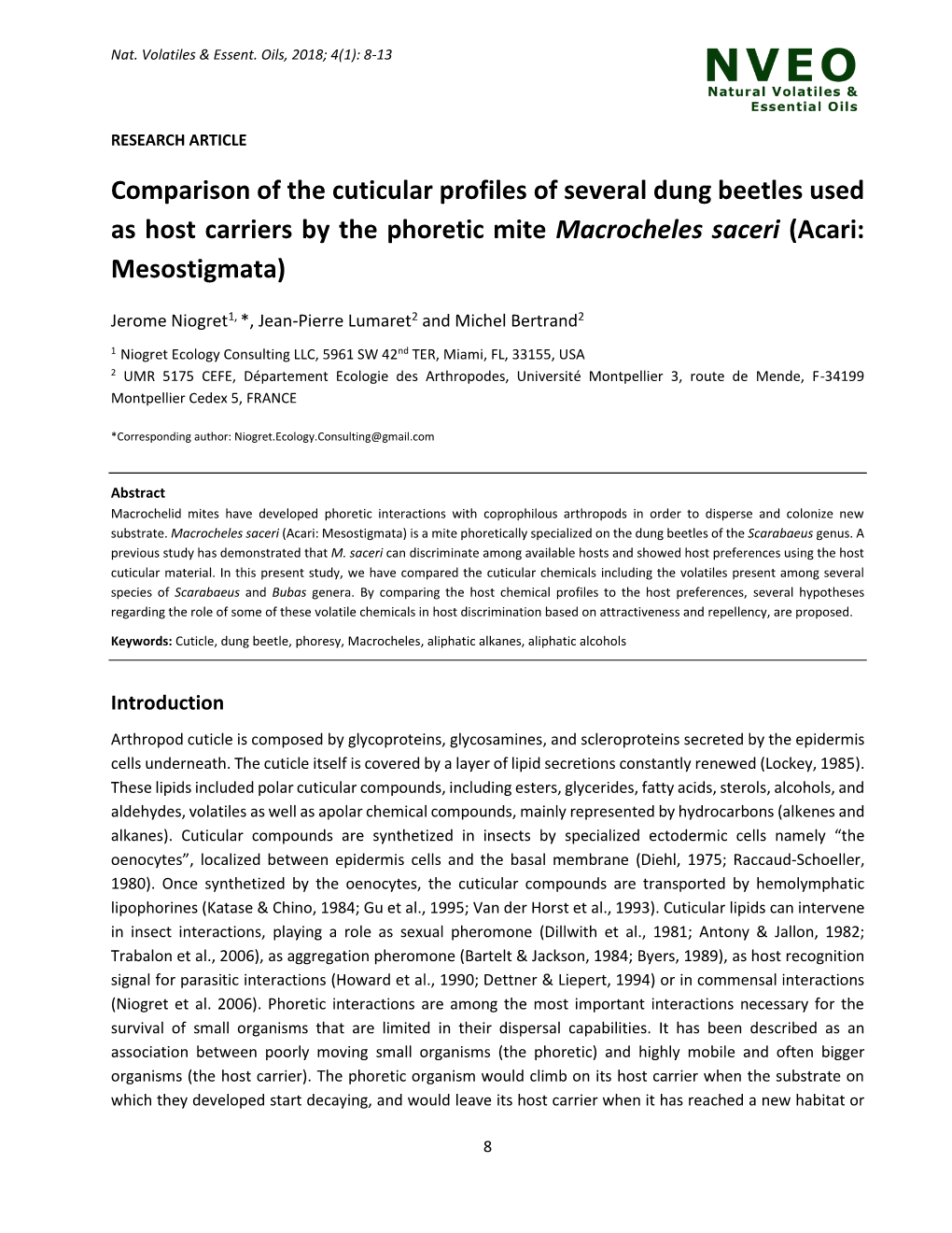 Comparison of the Cuticular Profiles of Several Dung Beetles Used As Host Carriers by the Phoretic Mite Macrocheles Saceri (Acari: Mesostigmata)