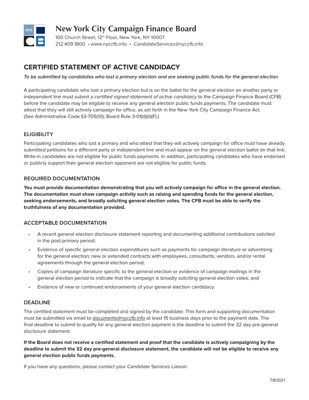 CERTIFIED STATEMENT of ACTIVE CANDIDACY to Be Submitted by Candidates Who Lost a Primary Election and Are Seeking Public Funds for the General Election