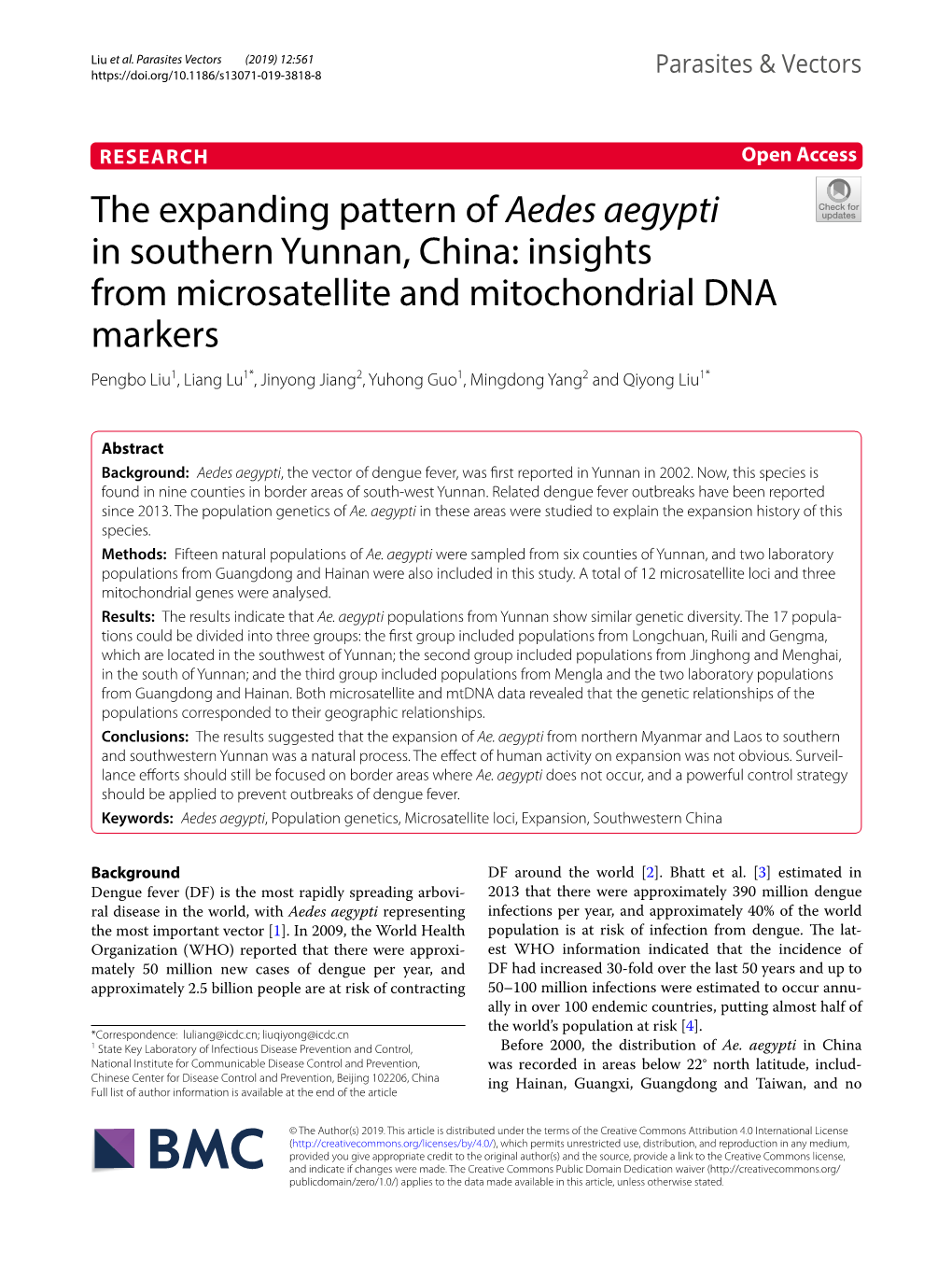 The Expanding Pattern of Aedes Aegypti in Southern Yunnan, China