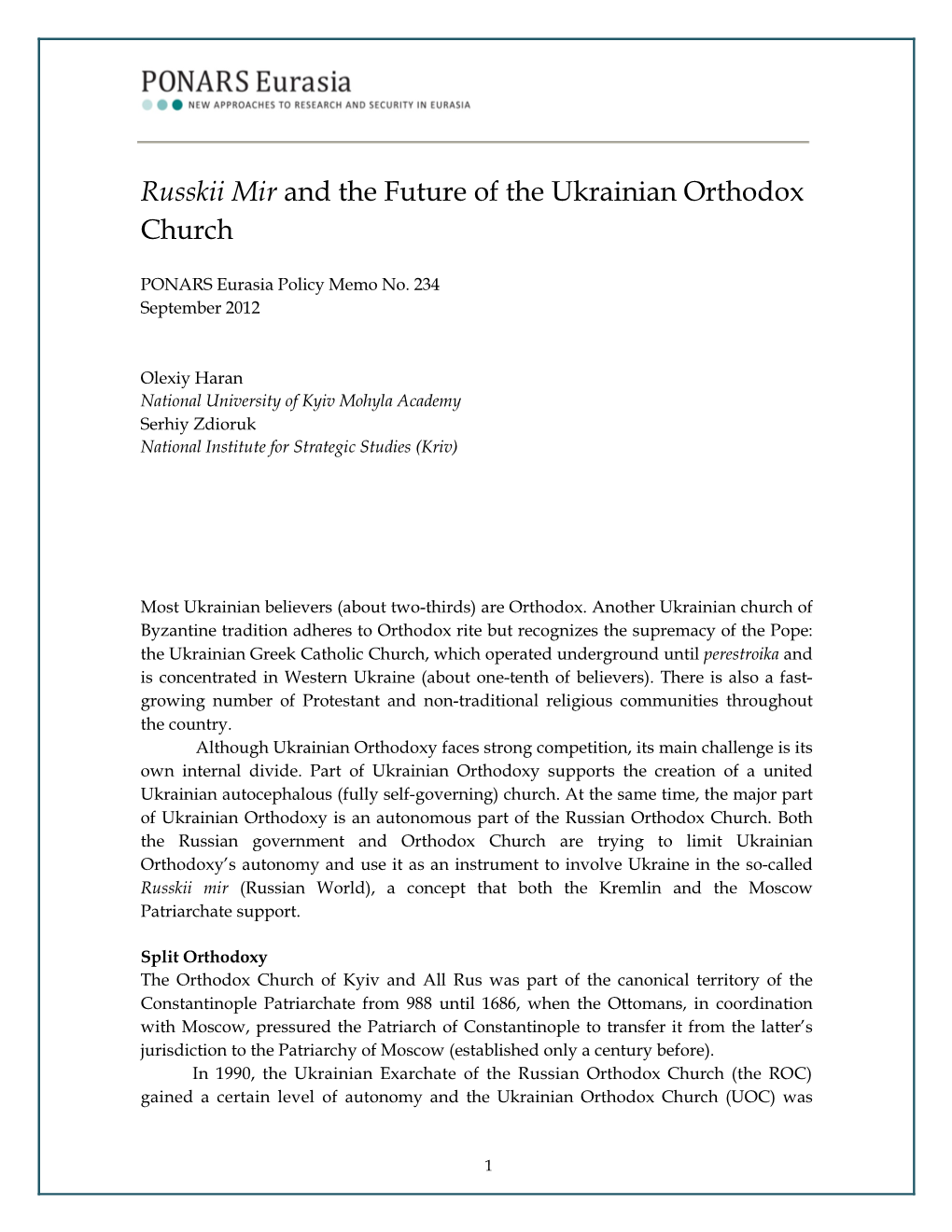 Russkii Mir and the Future of the Ukrainian Orthodox Church