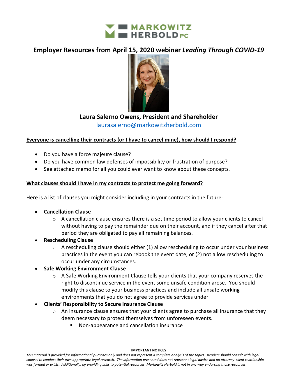 Employer Resources from April 15, 2020 Webinar Leading Through COVID-19