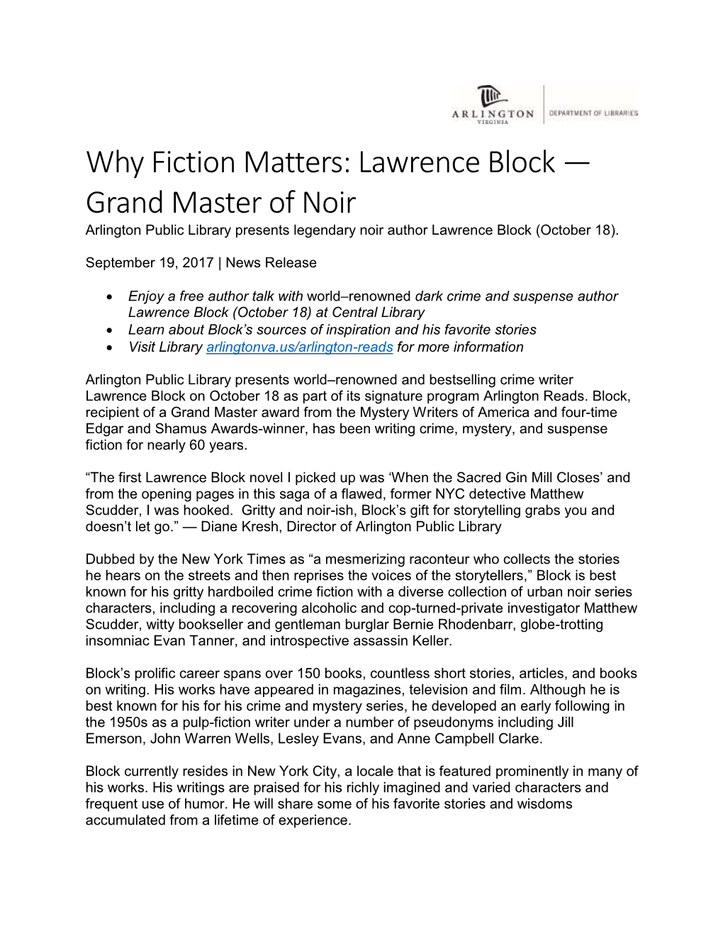 Why Fiction Matters: Lawrence Block — Grand Master of Noir Arlington Public Library Presents Legendary Noir Author Lawrence Block (October 18)