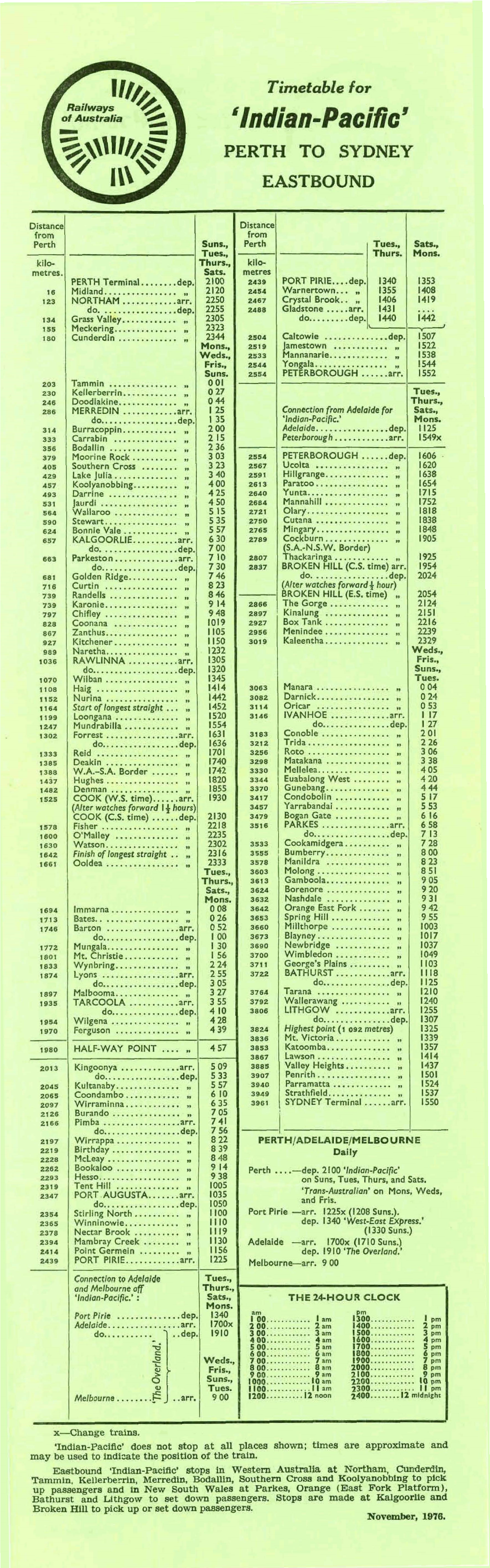 Indian Pacific Passenger Timetable November 1976