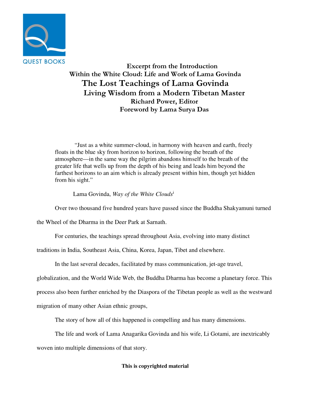 The Lost Teachings of Lama Govinda Living Wisdom from a Modern Tibetan Master Richard Power, Editor Foreword by Lama Surya Das