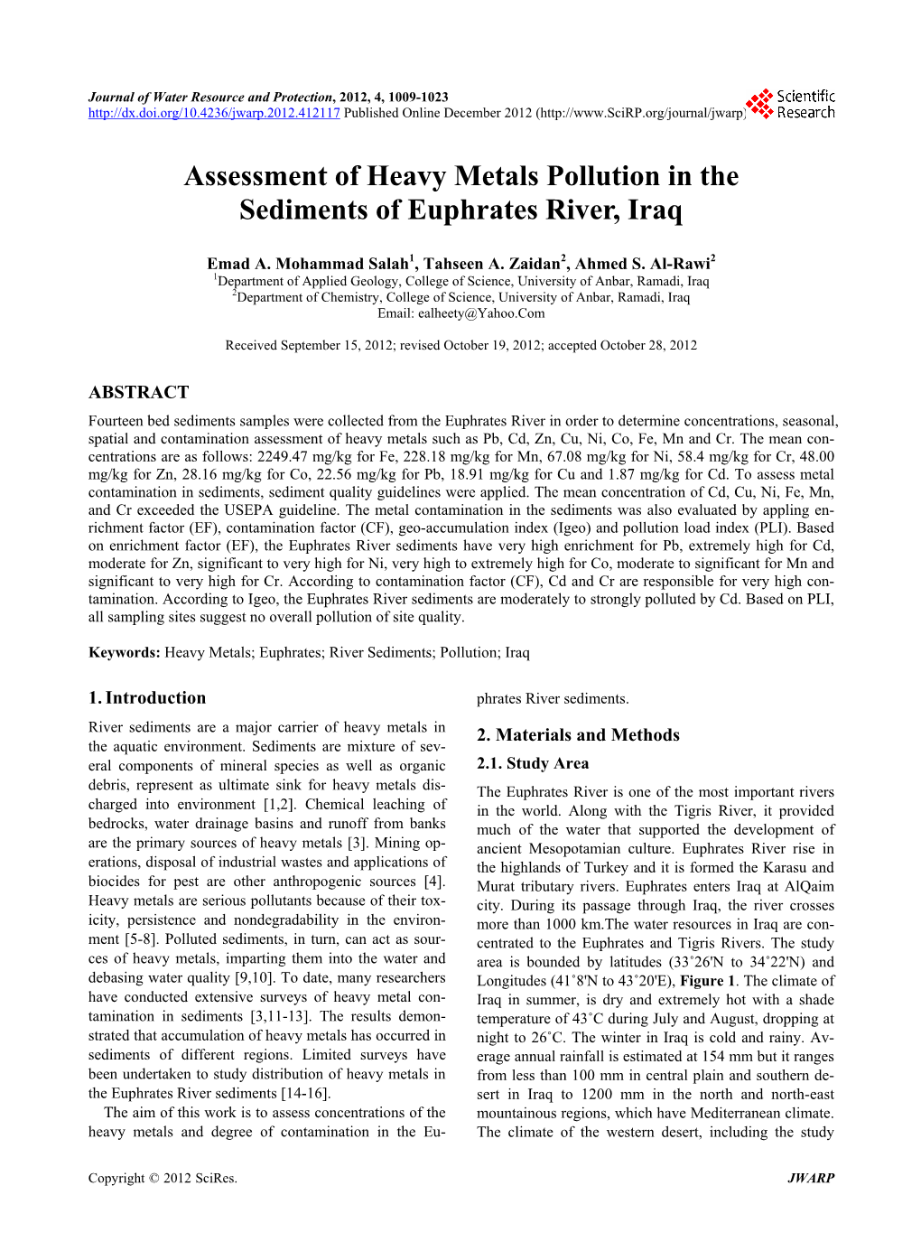 Assessment of Heavy Metals Pollution in the Sediments of Euphrates River, Iraq