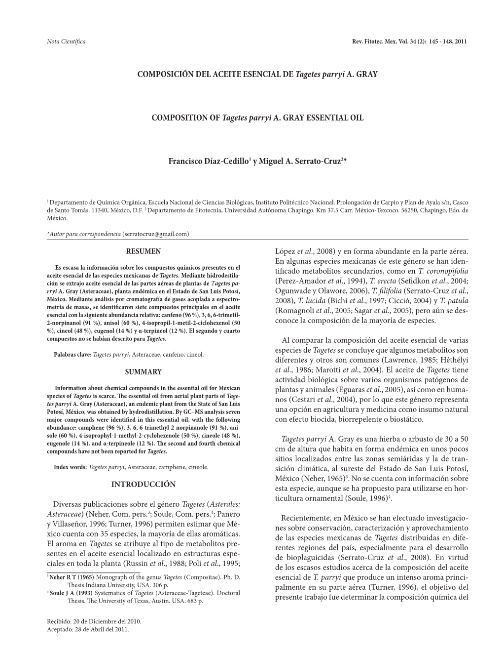 COMPOSICIÓN DEL ACEITE ESENCIAL DE Tagetes Parryi A