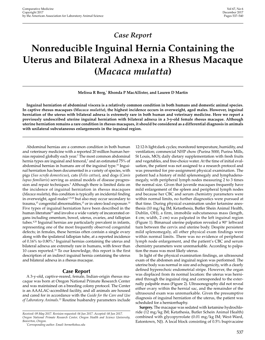 Nonreducible Inguinal Hernia Containing the Uterus and Bilateral Adnexa in a Rhesus Macaque (Macaca Mulatta)