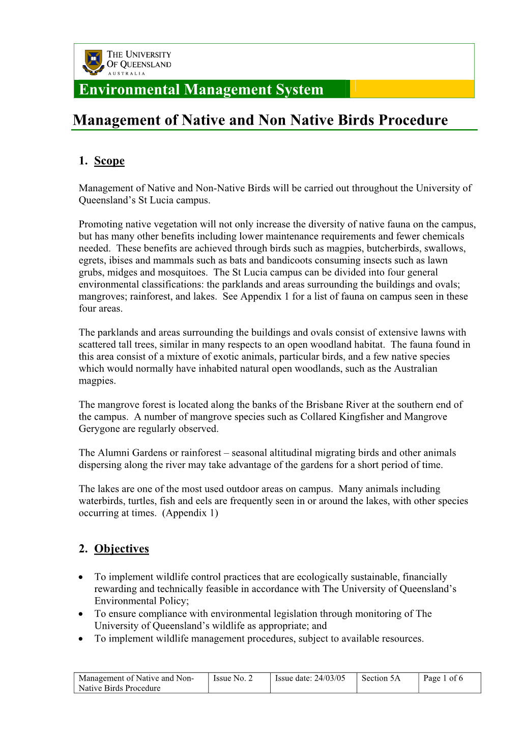 Management of Native and Non-Native Birds Procedure