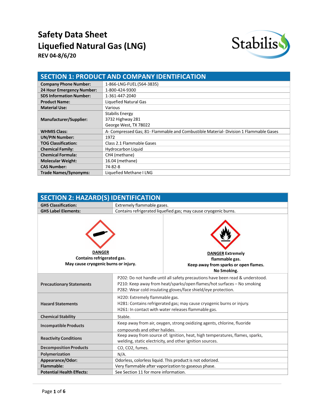 Safety Data Sheet Liquefied Natural Gas (LNG) REV 04-8/6/20