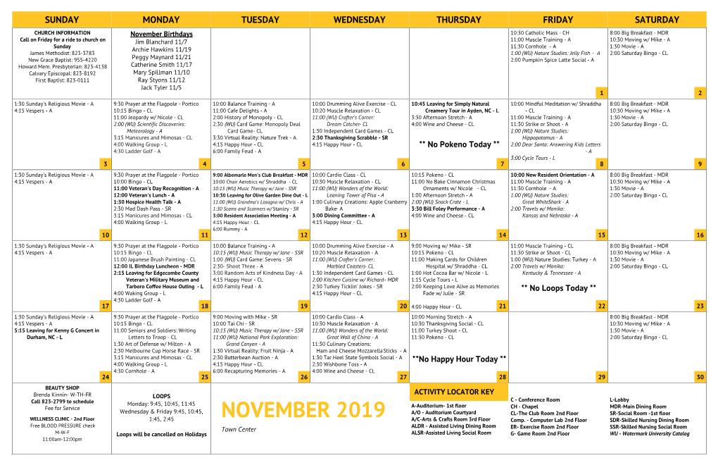 NOVEMBER 2019 1:45, 2:45 A/C-Arts & Crafts Room 3Rd Floor Comp