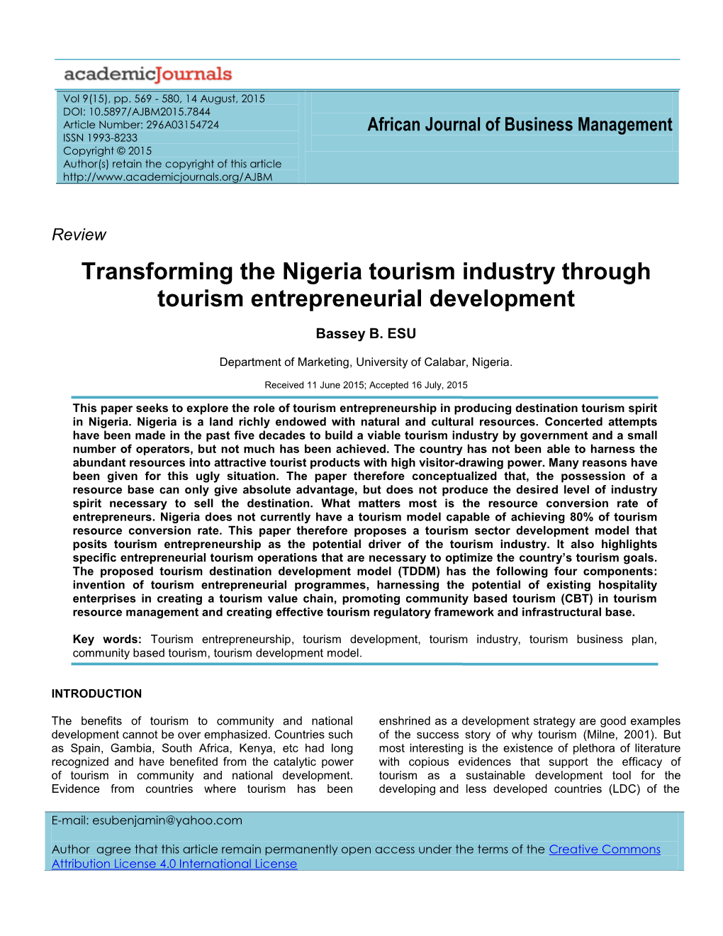 Transforming the Nigeria Tourism Industry Through Tourism Entrepreneurial Development