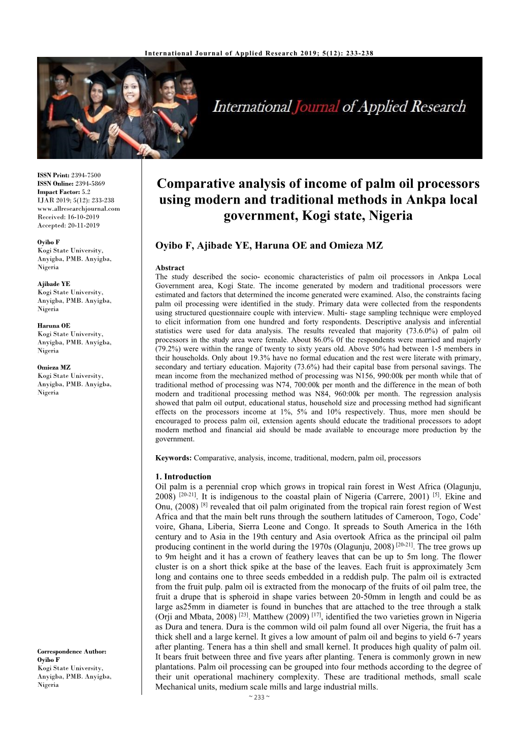 Comparative Analysis of Income of Palm Oil Processors Using Modern and Traditional Methods in Ankpa Local Government, Kogi State