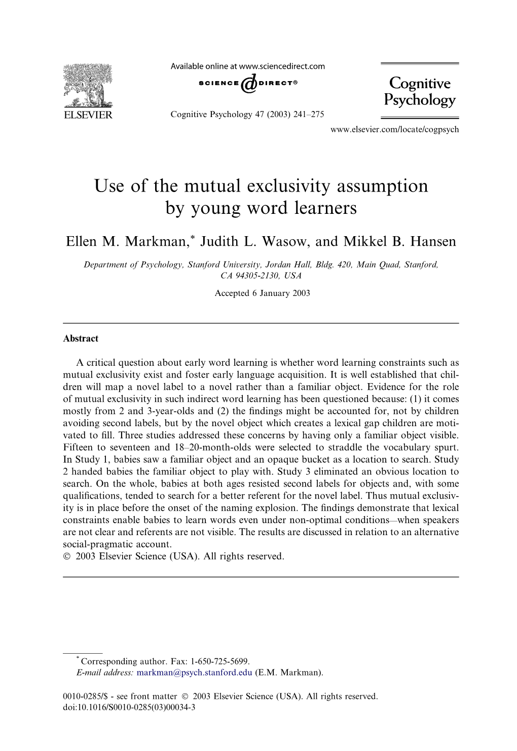 Use of the Mutual Exclusivity Assumption by Young Word Learners