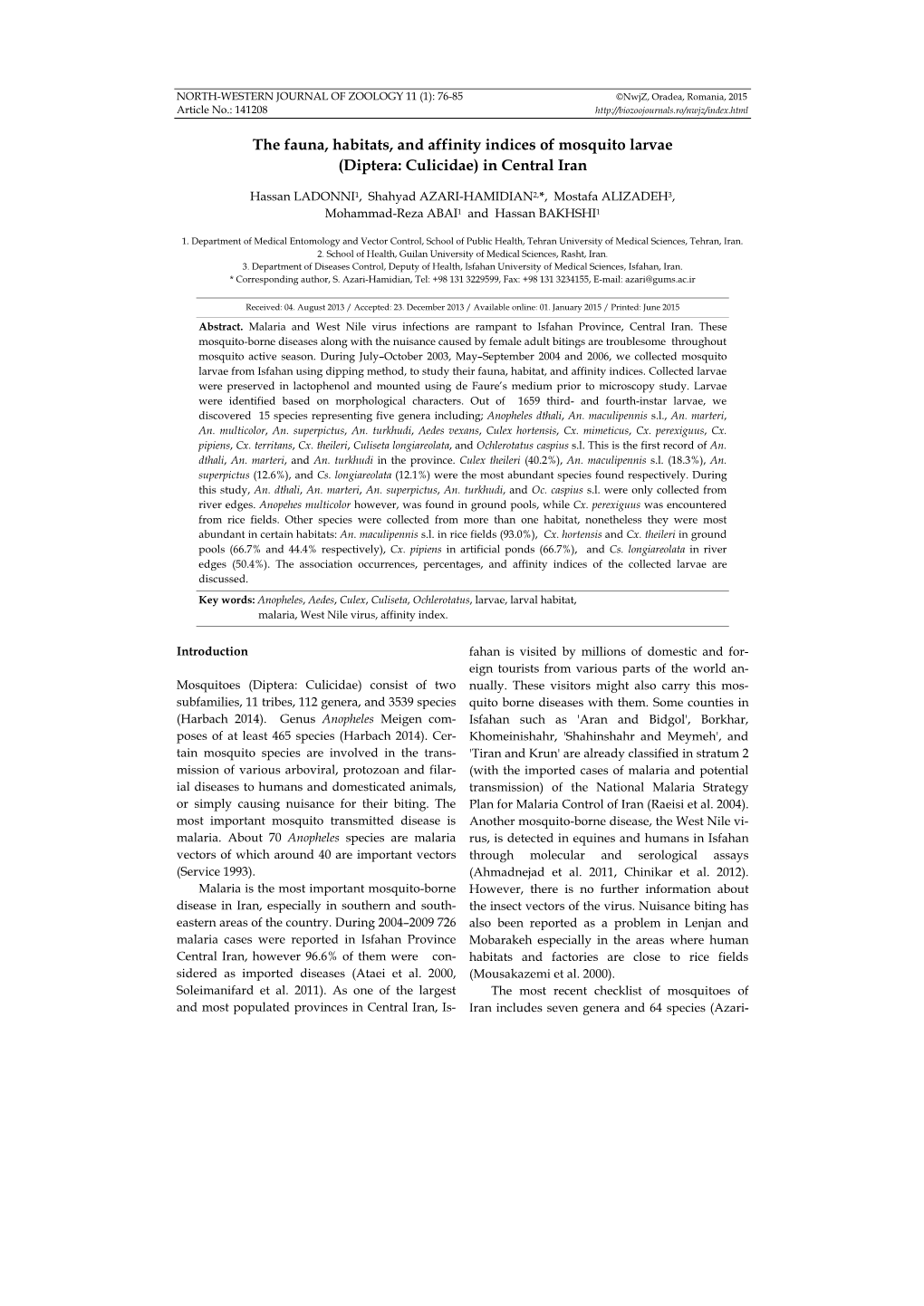 The Fauna, Habitats, and Affinity Indices of Mosquito Larvae (Diptera: Culicidae) in Central Iran