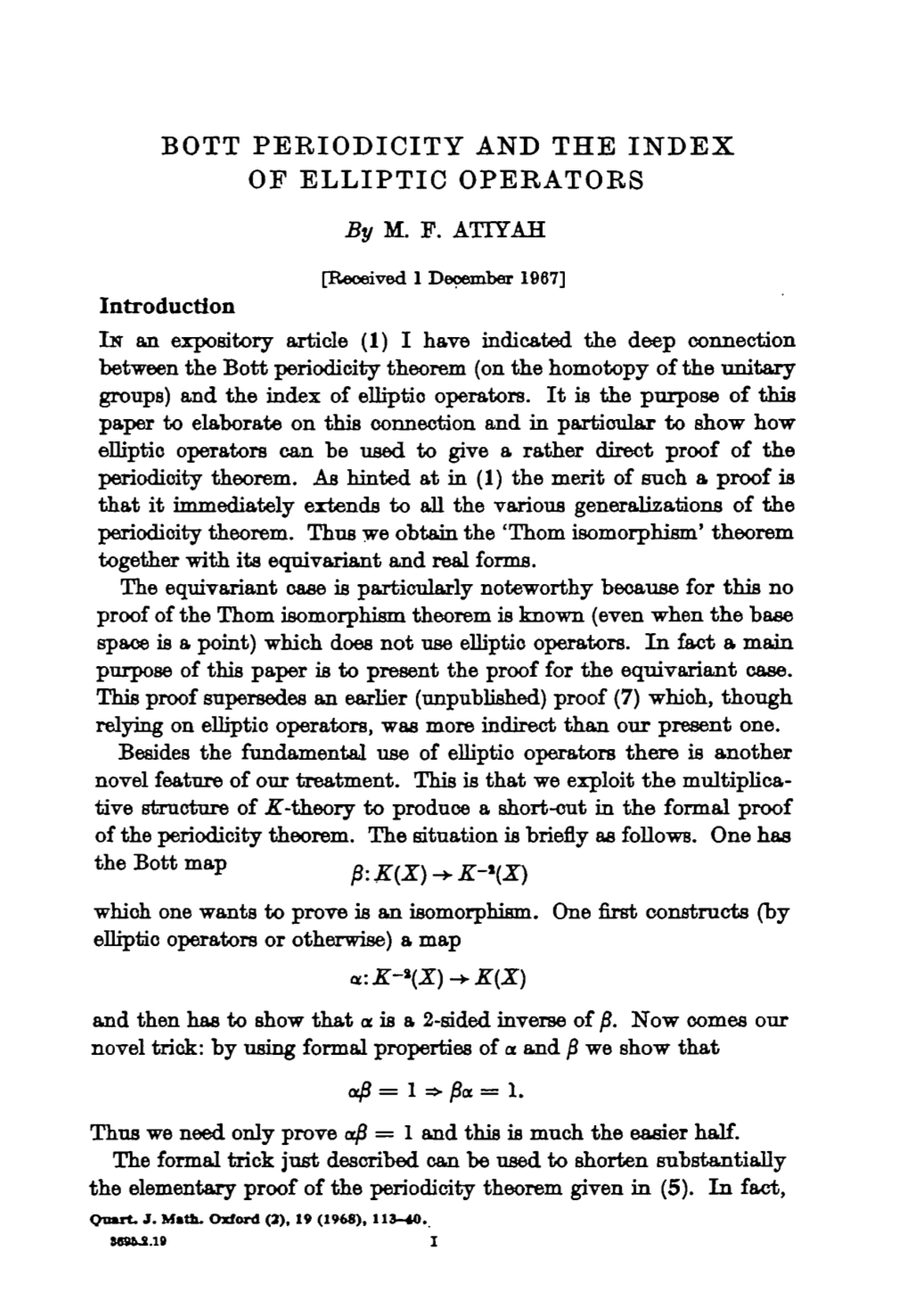 BOTT PERIODICITY and the INDEX of ELLIPTIC OPERATORS by M