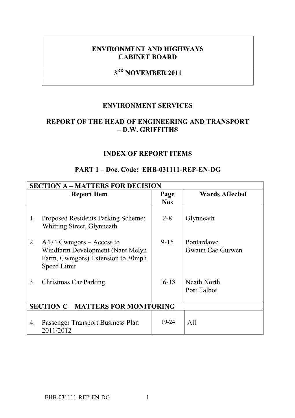 Environment and Highways Cabinet Board