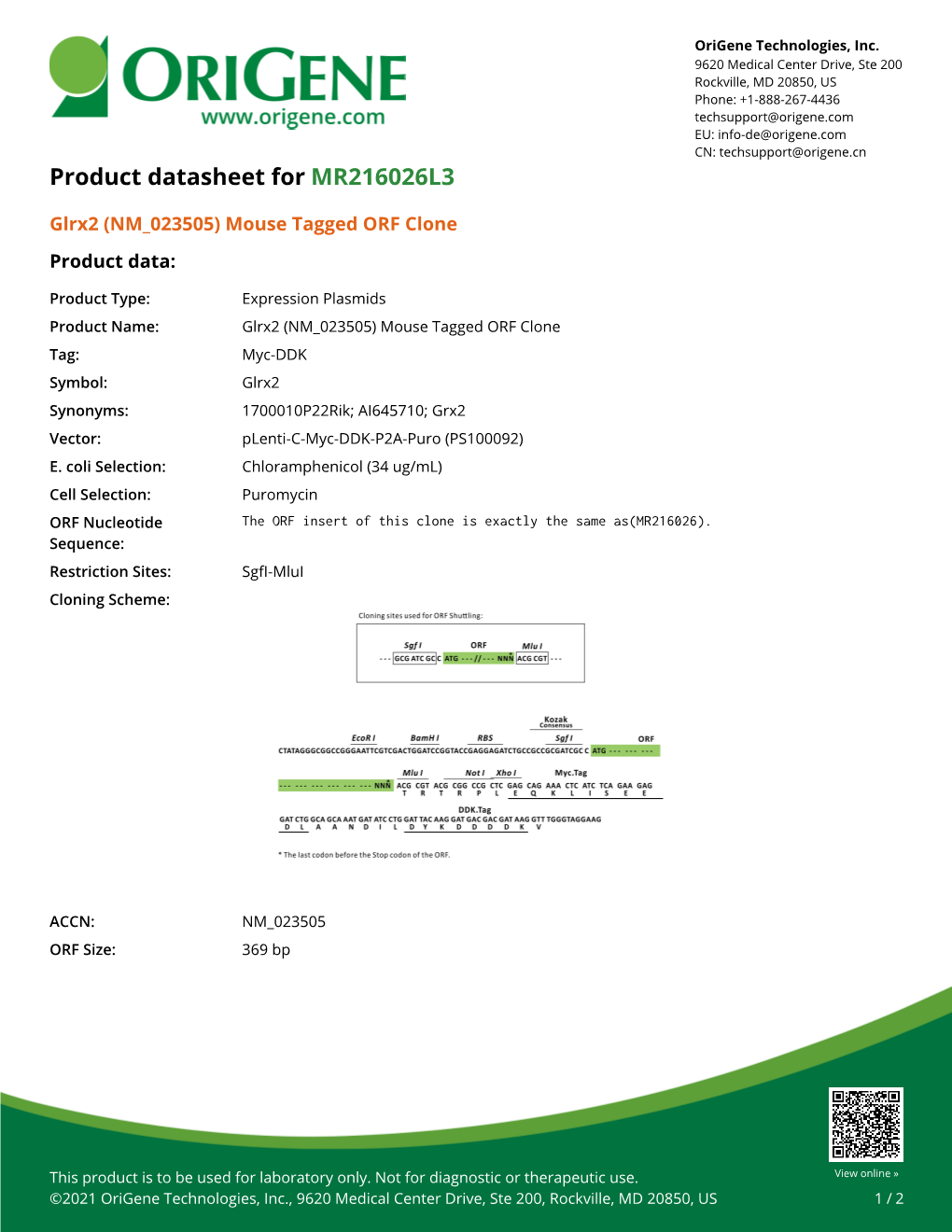 Glrx2 (NM 023505) Mouse Tagged ORF Clone – MR216026L3 | Origene