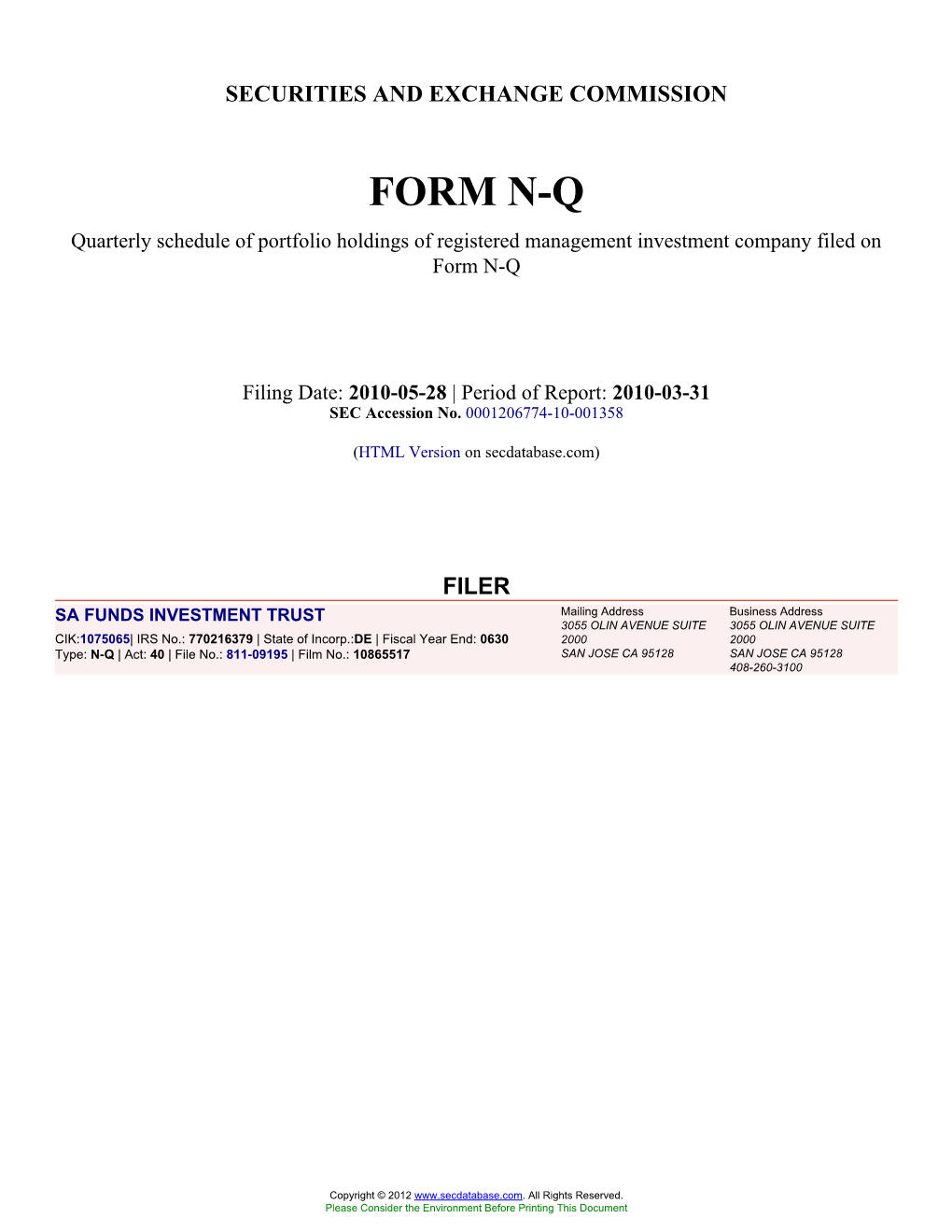 SA FUNDS INVESTMENT TRUST (Form: N-Q, Filing Date: 05/28/2010)